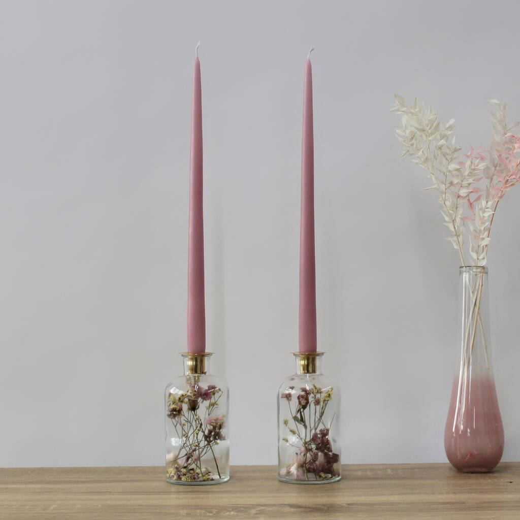 Dried Flower Candlesticks Set With Taper Candles By The Flower