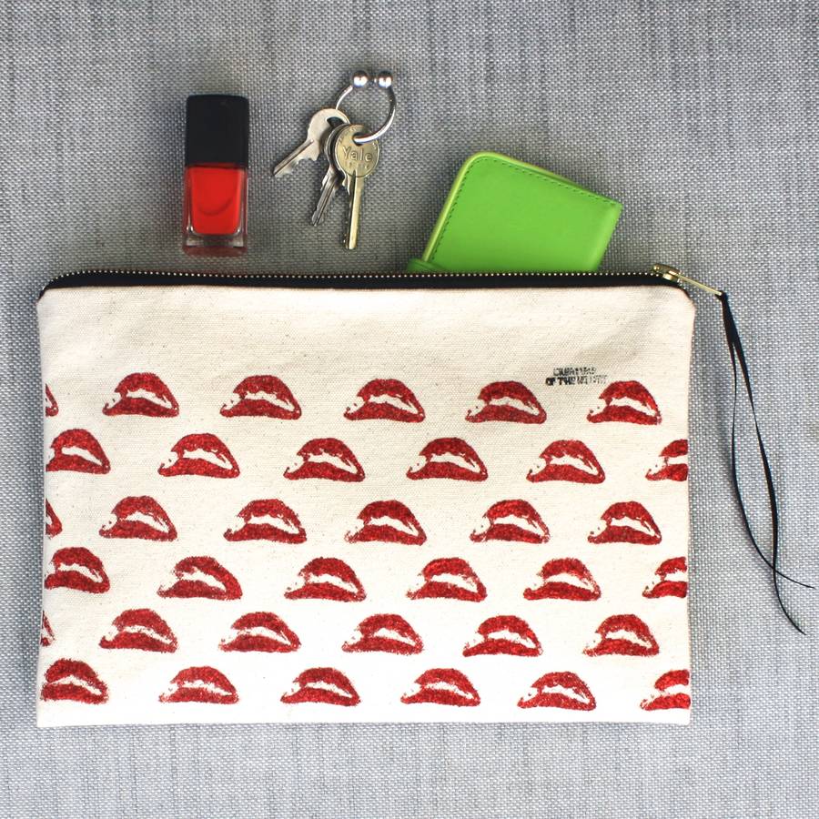 Large Canvas Glittered 'Lips' Clutch Bag By DeBono &
