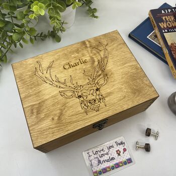 Personalised Wooden Stag Cufflink And Watch Box, 3 of 9