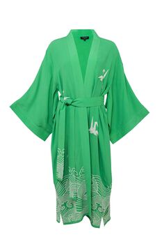 Origami And Hokusai Wave Embroidered Island Green Long Kimono, 9 of 12