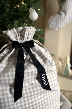 Personalised Beige Gingham Gift Sack Velvet Bow, 2 of 5