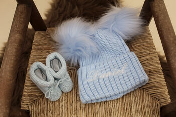 Personalised Navy Blue Double Pom Pom Winter Hat And Booties, 6 of 9