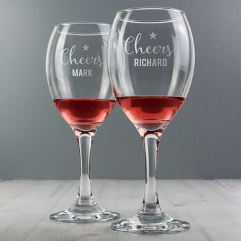 Personalised 'Cheers' Engraved Wine Glass Pair, 5 of 6