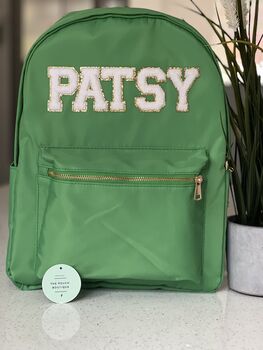 Personalised Nylon Backpack With Patch Letters And Motifs With Gold Outline, 8 of 12