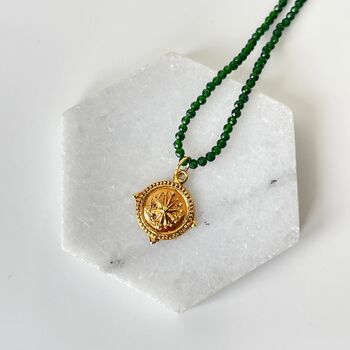 Gold Compass Pendant Necklace On Green Sandstone Beads, 3 of 4