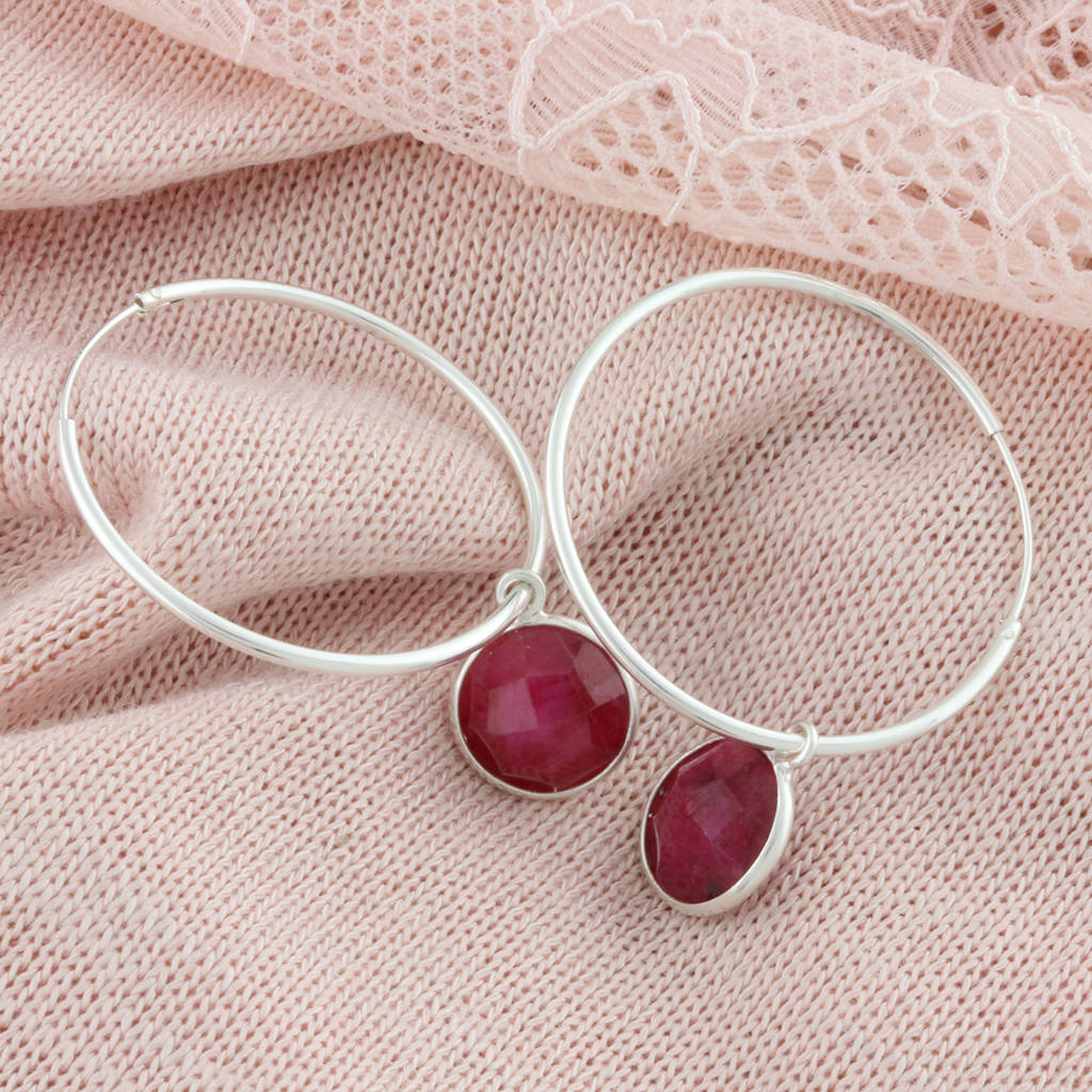 Sterling Silver And Ruby Hoop Earrings By Soremi Jewellery