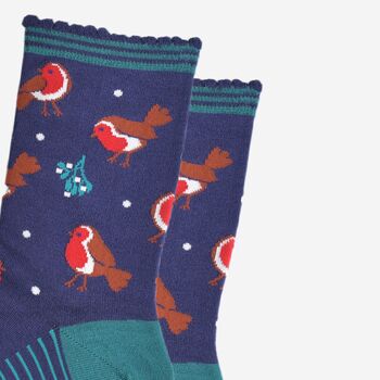 Women's Bamboo Socks Navy Blue Christmas Robins, 3 of 5