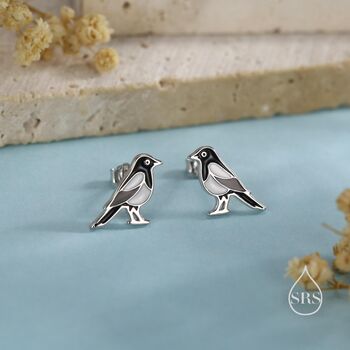 Sterling Silver Very Small Sterling Silver Magpie Bird Stud Earrings, 5 of 11