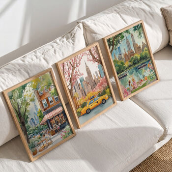 New York City Three Print Set – Cozy Bookshop, Yellow Taxi And Central Park Illustrations, 4 of 5