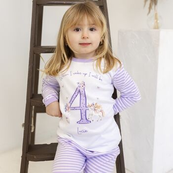 Girls Personalised Lilac Unicorn Birthday Pyjamas, 10 of 12