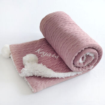 Personalised Dusty Pink Cable Knit Pom Pom Blanket, 8 of 12