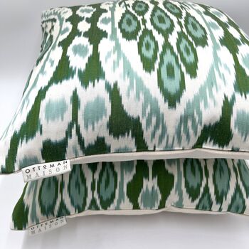 Square Ikat Silk Cushion Forest Green Abstract, 5 of 9