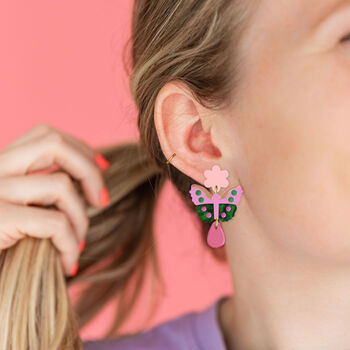 Butterfly Flower Dangle Earrings In Purple, 2 of 2
