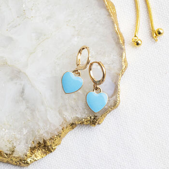 Gold Plated Blue Enamel Heart Huggie Earrings, 4 of 8
