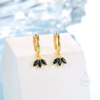 Sterling Silver Black Cz Marquise Crown Huggie Hoop Earrings, 2 of 11