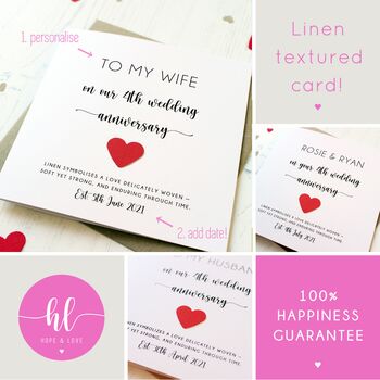 Personalised 4th Anniversary Card With Linen Heart, 2 of 9