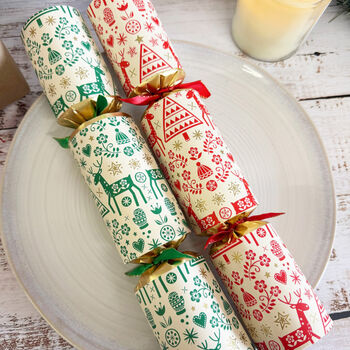 Folklore Christmas Cracker Table Decorations X Six Green And Red, 2 of 4