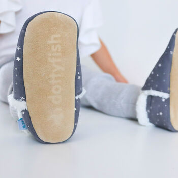 Dotty Fish Silver Stars Soft Suede Baby And Toddler Slippers With Fleece Lining, 4 of 9