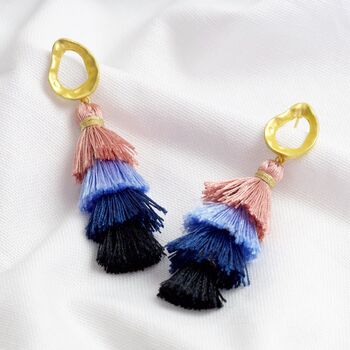 Triple Layer Tassel Earrings In Pink And Blue, 3 of 5