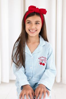 Blue Gingham Embroidered Personalised Cherry Pyjamas, 5 of 6
