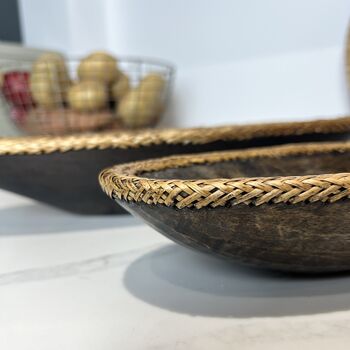 Pair Of Vintage Hand Carved Wooden Bowls Rattan Trim, 6 of 9