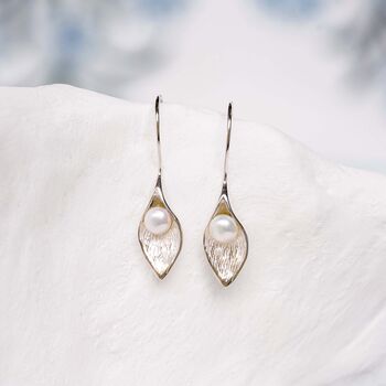 Handmade Calla Lily Freshwater Pearl Drop Earrings, 3 of 6