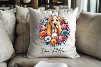 Personalised Basset Hound Summer Floral Dog Wreath Cushion And Mug Gift Bundle, 4 of 4