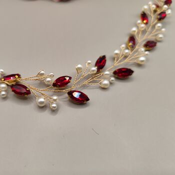 Red Crystal And Pearl Bridal Hair Vine, 4 of 11