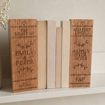 Personalised Solid Oak Wedding Bookends | Custom Engraved, 7 of 7