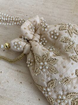 Cream Handcrafted Embroidered Pearl Potli Bag/Wrist Bag, 8 of 10