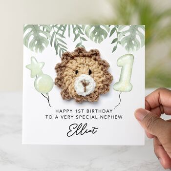 Personalised Woodland Crochet Lion 1st Birthday Card, 2 of 4