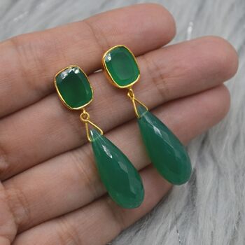 Green Onyx Gold Plated Sterling Silver Drop Earrings, 9 of 9