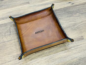 Personalised Burnt Tan Square Leather Desk Accessories Tray, 3 of 12