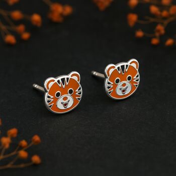 Girls Sterling Silver Tiger Stud Earrings, 3 of 5