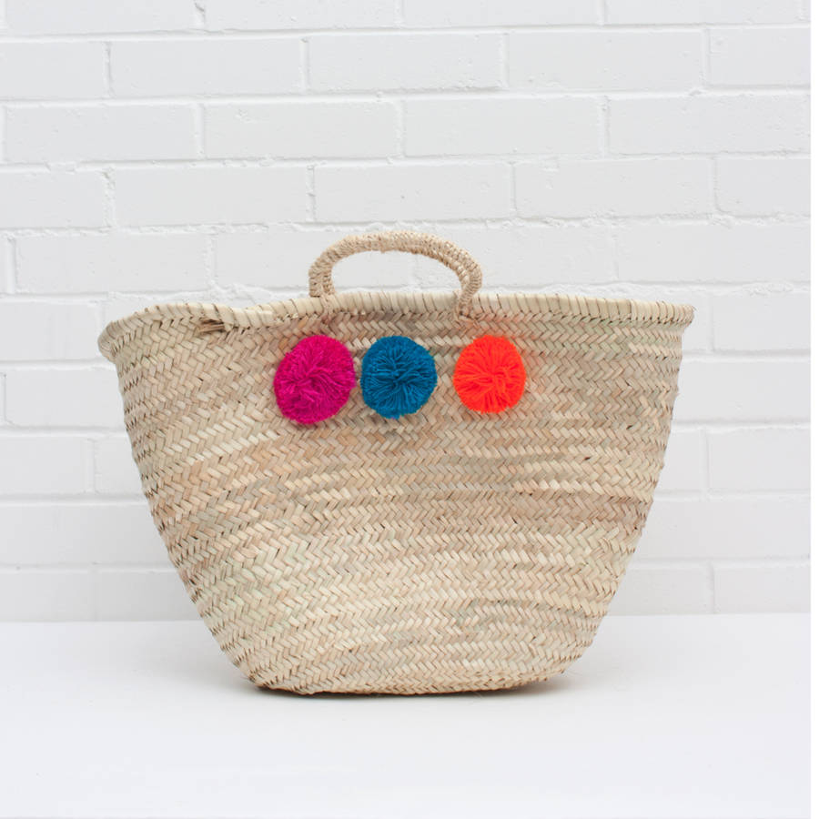 multi coloured market pom pom basket by bohemia | notonthehighstreet.com