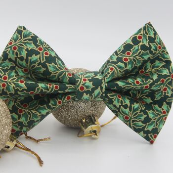Green And Gold Holly Christmas Dog Bow Tie, 9 of 12