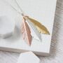 Large Trio Feather Necklace, Silver Rose And Gold, thumbnail 1 of 3