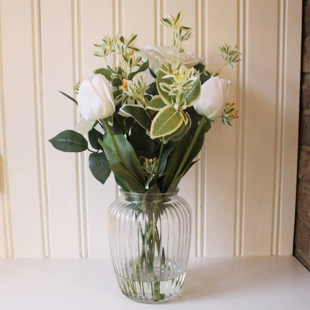 Artificial White Rose Arrangement In Ribbed Vase By Lime Tree London ...