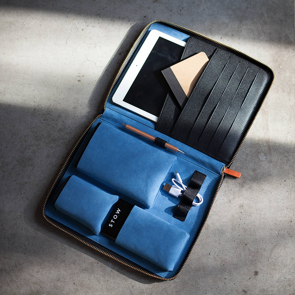 personalised luxury leather travel tech and tablet case by stow