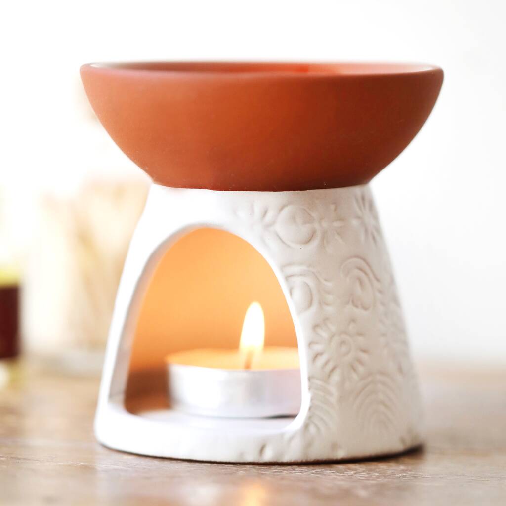Stamped White And Terracotta Oil Burner, 1 of 6