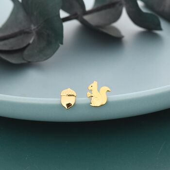 Mismatched Squirrel And Acorn Nut Stud Earrings In Sterling Silver, 5 of 12