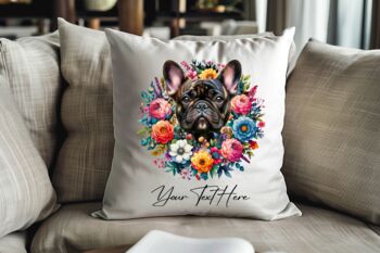 Personalised Brindle French Bulldog Summer Floral Dog Wreath Cushion And Mug Gift Bundle, 4 of 4