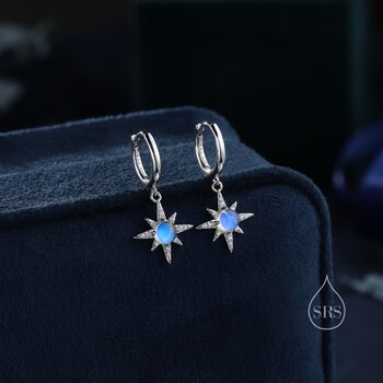 Sterling Silver Moonstone Northstar Starburst Huggie Hoop Earrings, 5 of 11