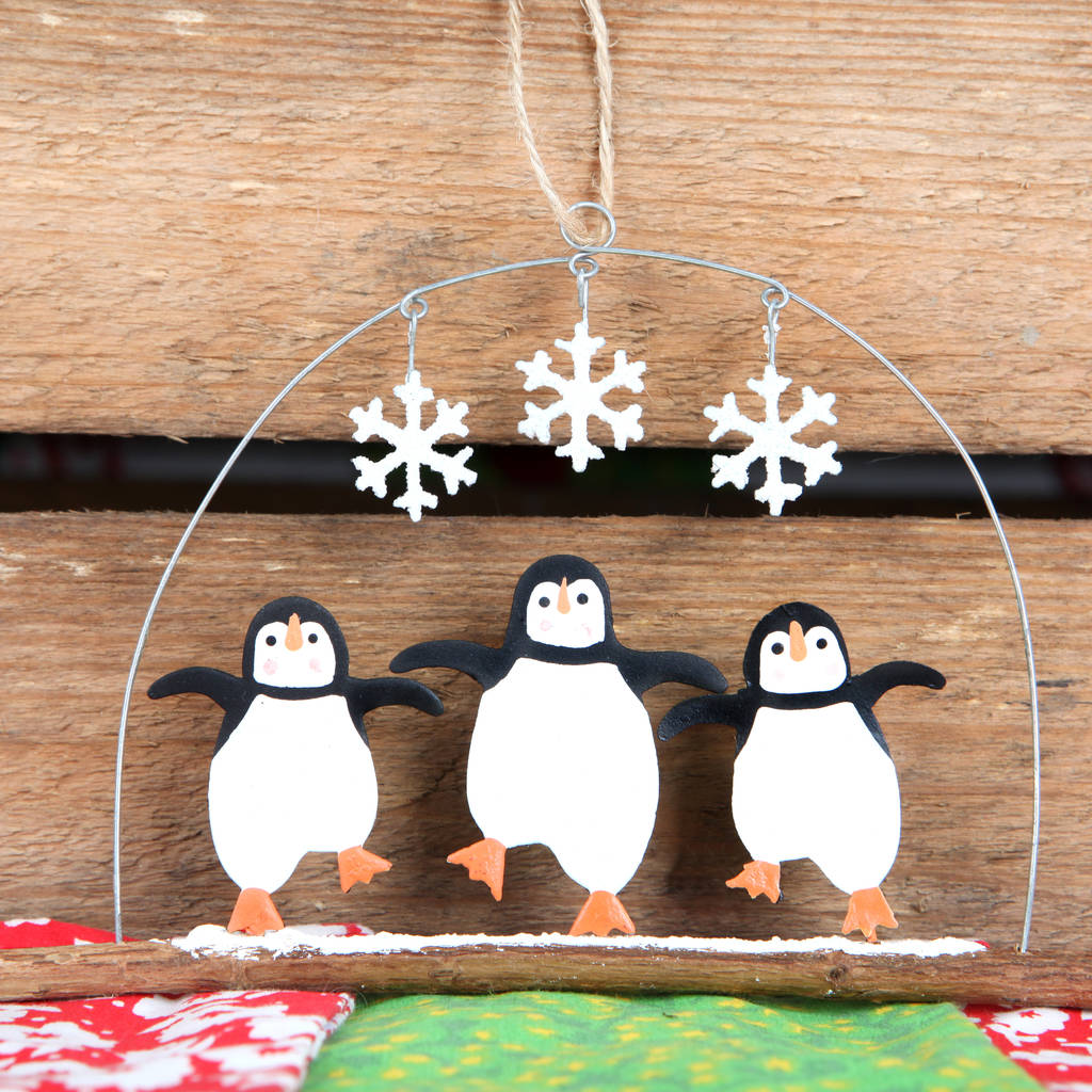 Three Dancing Christmas Penguins Hanging Decoration, 1 of 2