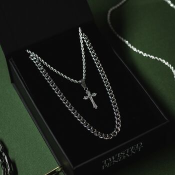 Mens Cross Necklace Silver Steel Vintage Cross Crucifix Pendant Necklace, 4 of 9