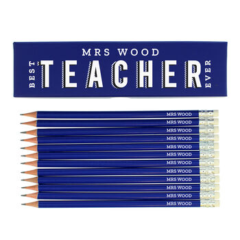 Personalised ‘Best Teacher Ever’ Pencil Box With 12 Blue Hb Pencils – Teacher Gift, 3 of 3