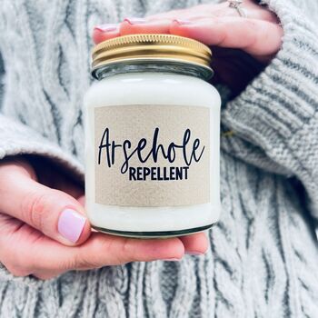 Arsehole Repellent Rude Funny Scented Soy Candle, 2 of 8