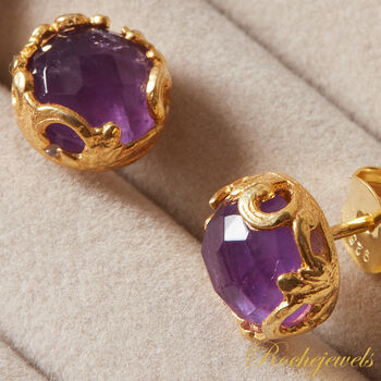 Purple Amethyst Textured Gold And Silver Stud Earrings, 7 of 11