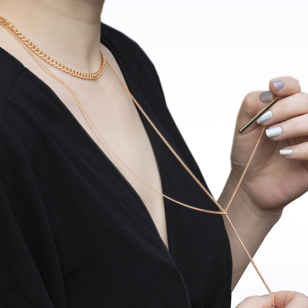 Double Bar Lariat Long Chain Rose Gold Plated Necklace By Jasper & Opal