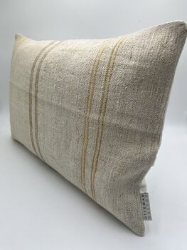 Oblong, Natural, Hemp, Neutral, Woven, Grain Sack, Striped Cushion With Cotton Reverse Trio Of Ochre And Brown Stripes Brown Middle, 2 of 5